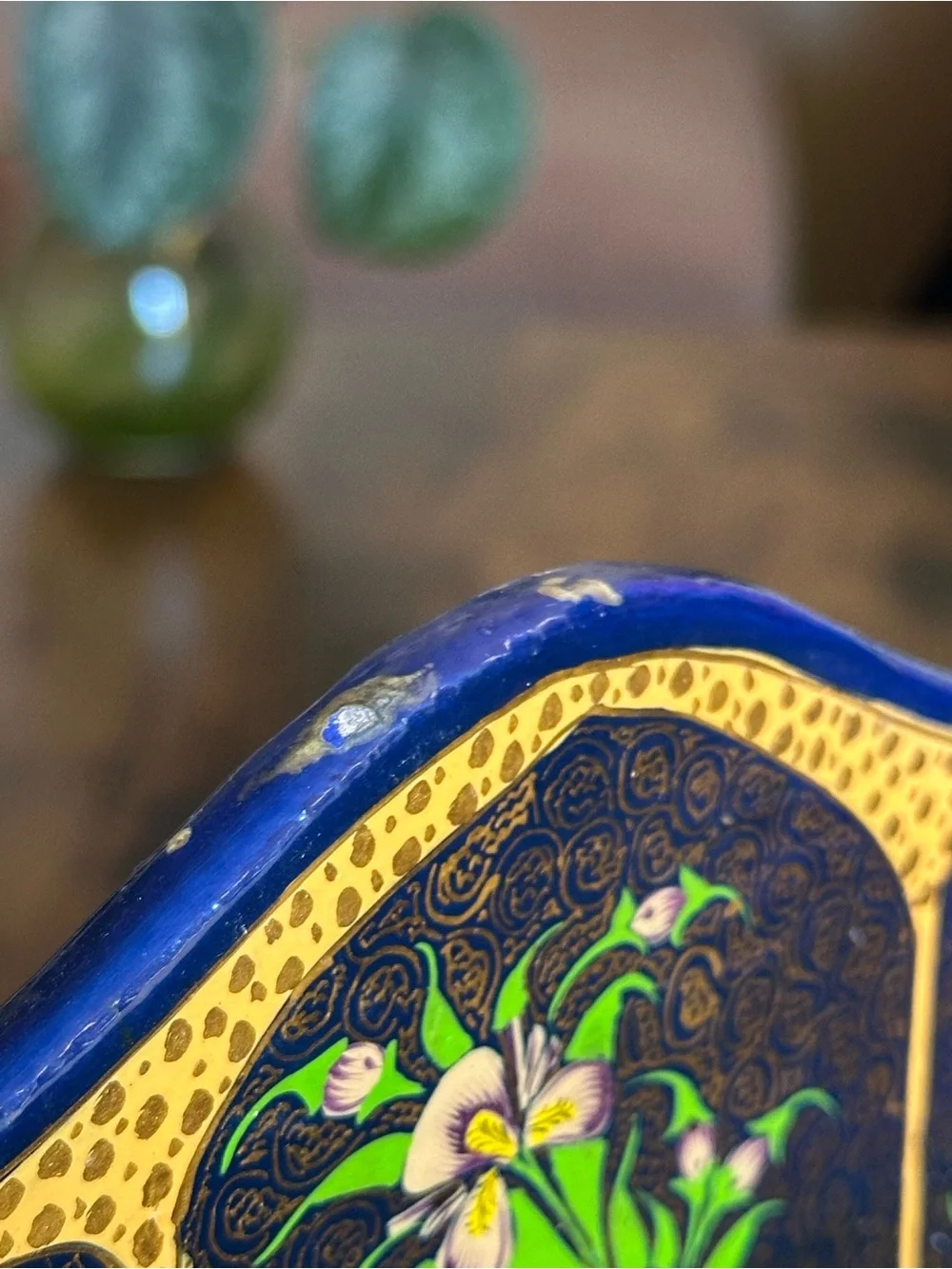 Hand-Painted Floral Wooden Desk Organizer - Blue & Gold